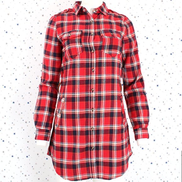 Plaid Button Up Shirt Dress with Belt Red - Picture 2 of 10